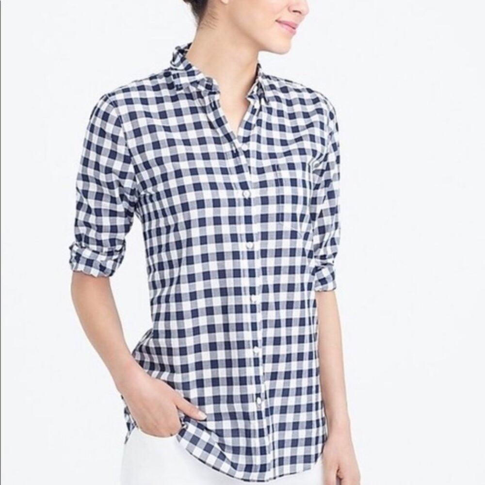 J Crew Navy White Gingham Button Down Top Lightweight